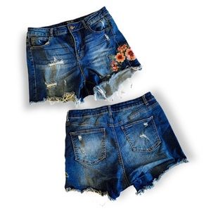 Wax Jean Blue Distressed Jean Shorts with Floral Embroidery